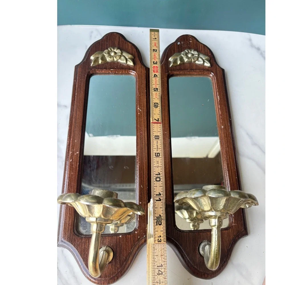 Vintage Metal Faux Wood Brass Mirror Wall Sconce Pair Floral Candle Holder Set
